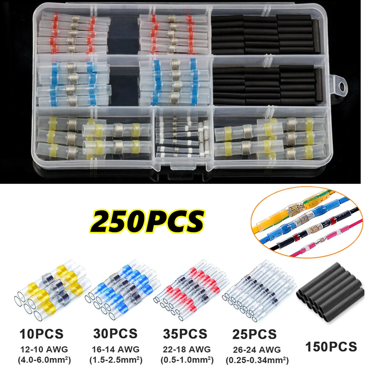 150/100/50 шт изолированный пайки рукав Уплотнение Термоусадочной терминалы Водонепроницаемый электрические проволочные стыковые соединители комплект 10-26AWG - Цвет: 250PCS With Box