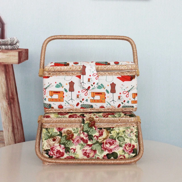 Print Design Sewing Basket, Sewing Kit Storage Box with Removable Tray,  Built-in Pin Cushion and Interior Pocket