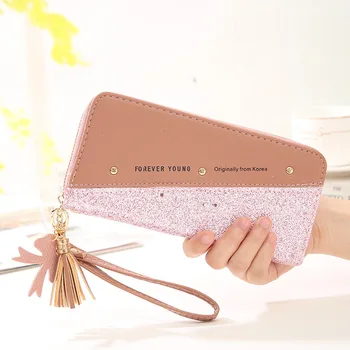 

Women's Wallet Long Zip Fastener Gold Powder Female Student Korean Style Stitching Contrast Tassel Wild Rivet Mobile Phone Bag