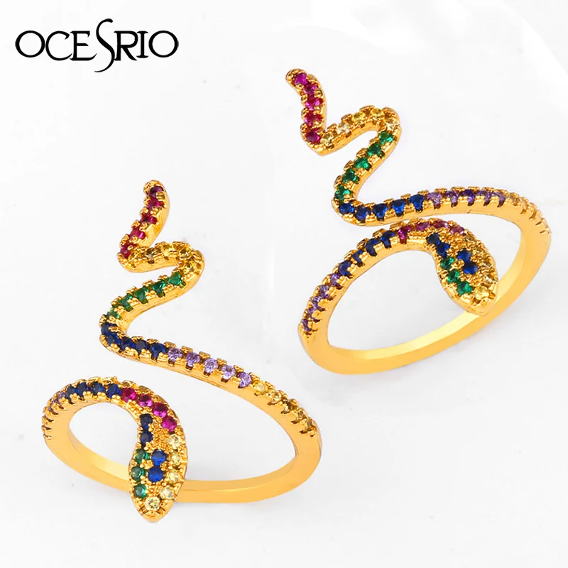 

Hip Hop Gold Snake Rings For Women Micro Pave Colorful Zirconia CZ Rainbow Open Adjustable stackable Ring Animal Jewelry rig-h89