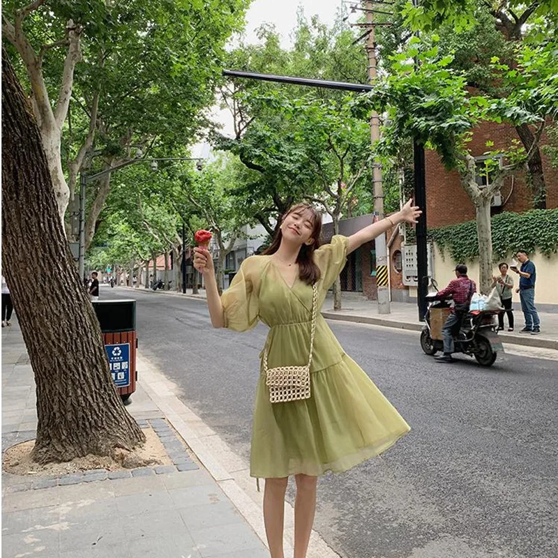 

Women's Summer 2019 Fashion Chiffon Fairy Bubble Sleeve Mesh dress