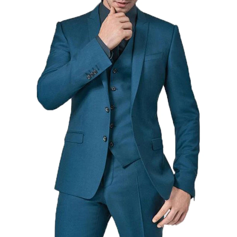 

Navy Blue Wedding Groom Tuxedos 3 piece Custom Slim fit Men Suits Man Fashion Clothes Male Set Jacket Vest with Pants New