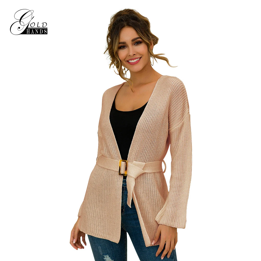Золотые стрелки Осень Зима сплошной хлопок женские кардиганы с поясом плюс размер куртка Офисная Леди Мода вязаный свитер пальто - Цвет: Khaki