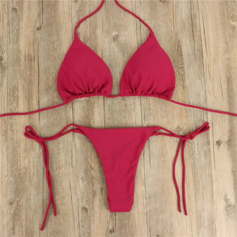 2pcs Women Summer Chic Sexy Bikini Set Bra Tied Side G-String Thong Beach Triangle Swimsuit Bathing Swimming Suit Candy Color | Женская