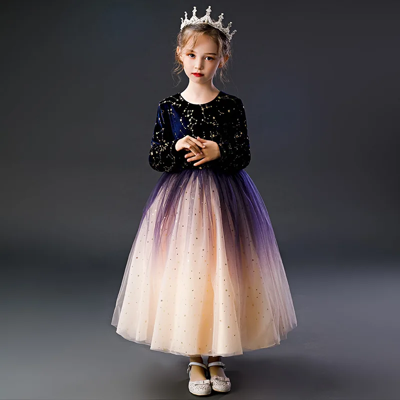 Flower Girl Dresses Luxury Tulle Party Dresses For Wedding Party Girl Christmas Party Prom Formal communion Long sleeved dress - Цвет: navy blue