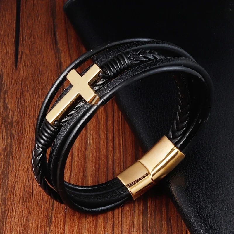 Luxury Multicolor Cross Design Classic Stainless Steel Men's Leather Bracelet Choose Handsome Men's Gifts - Image 5