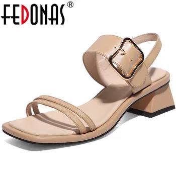 

FEDONAS Concise Genuine Leather Ladies Sandals Metal Buckle High Heels Pumps 2020 New Summer Peep Toe Shoes Woman Heels Size 34