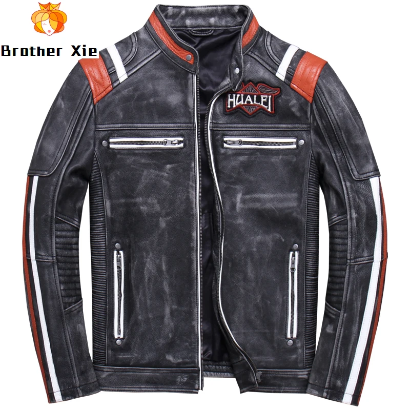 

Men's Genuine Cowhide Leather Jacket Embroidery Vintage Slim Motorcycle Biker Real Leather Jacket for Male R3275