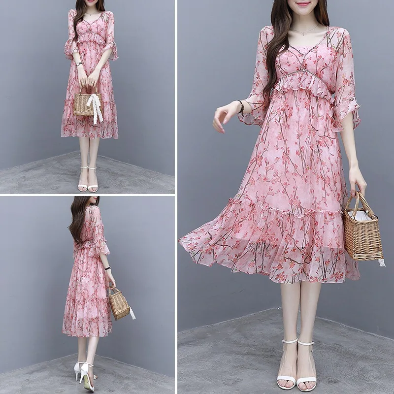 

Small Floral Chiffon Dress Female 2019 Spring and Summer New Foreign Air Fairy Super Fairy Red V-neck Temperament Long Skirt