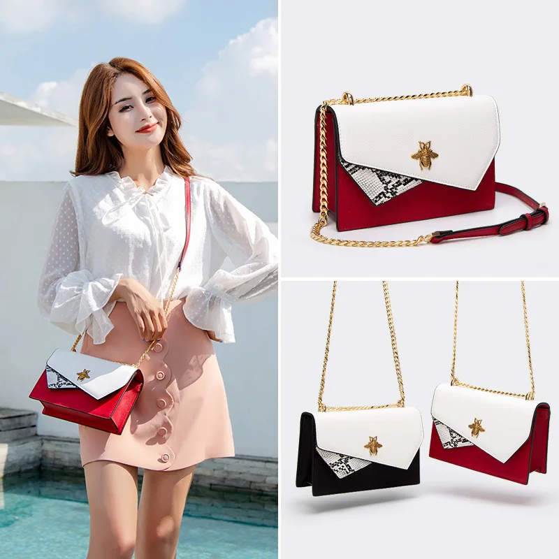 

High Grade Sense Bees Chain Small Bag Women's 2019 Autumn New Style Versatile Contrast Color Square Sling Bag Single-shoulder Cr