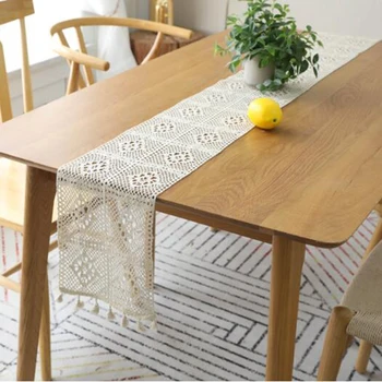 

Beige Tassel Crochet Lace Table Runner European Retro Hollow Out Tablecloth Dinner Table Decor For Home Party Wedding Decoration
