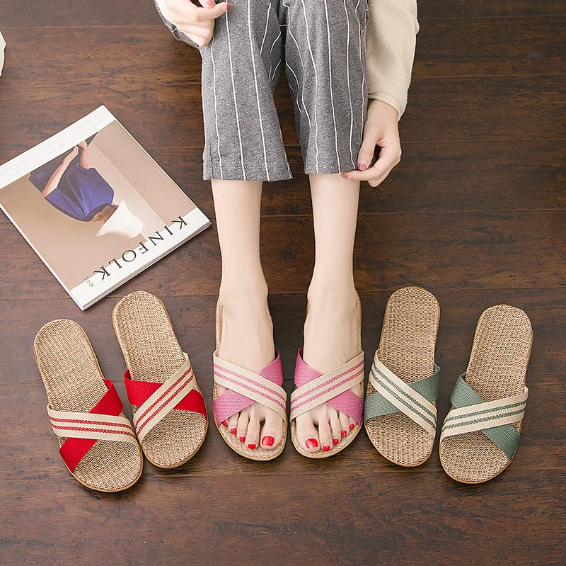 

Household Couples Slipper Female Bathroom Within Anti-slip Household Slippers Men's Soft-Sole Viscose Outer Wear Flax Sandals Th