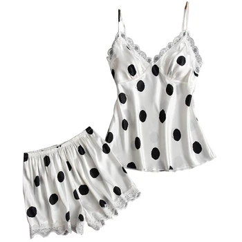 

Pajamas women's thin ice silk belt chest pad suspender pajamas two-piece lace polka dot comfortable and soft home service suit