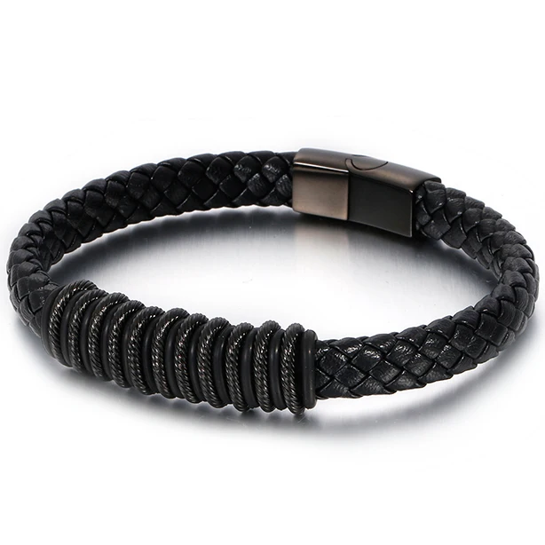 Black Personalized Braided Genuine Leather Bracelet Men Gold Black Stainless Steel Men's Bracelets Fashion Wrap Bangles Hand Jewelry - Окраска металла: Black