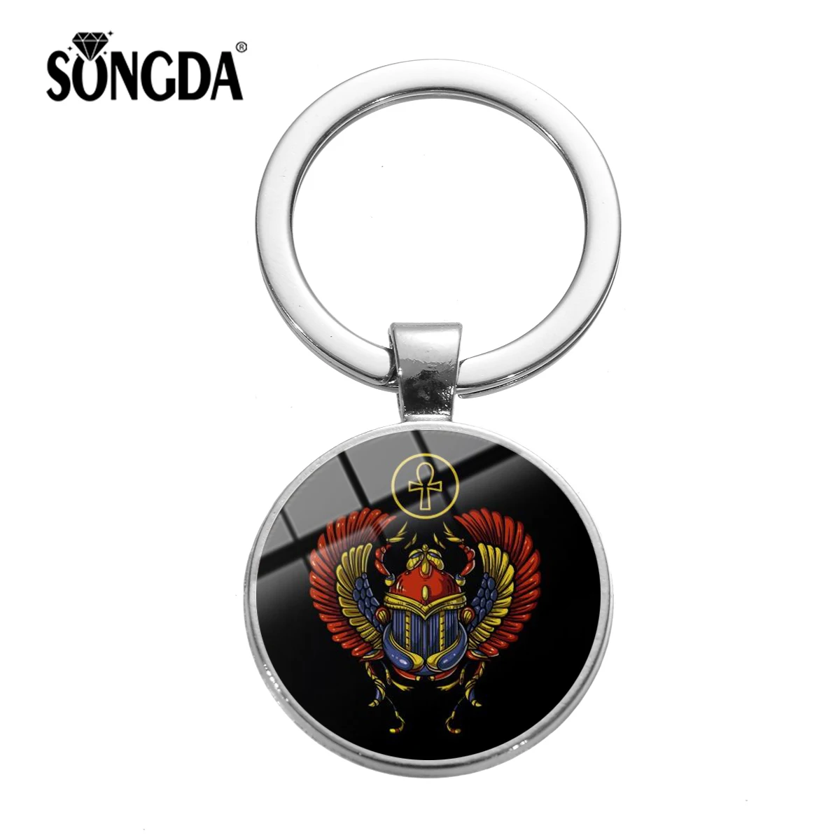 

SONGDA Egyptian Mythology Scarab God Khepri Keychain Retro Jewelry Ancient Egypt Beetle Ankh Cross Printed Glass Dome Key Ring