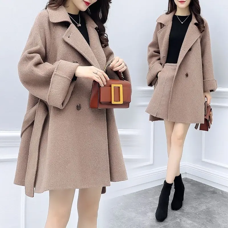 khaki winter women coat women jacket skirts women tops korean style clothing woolen sets ELASTIC waist elegant vintage office