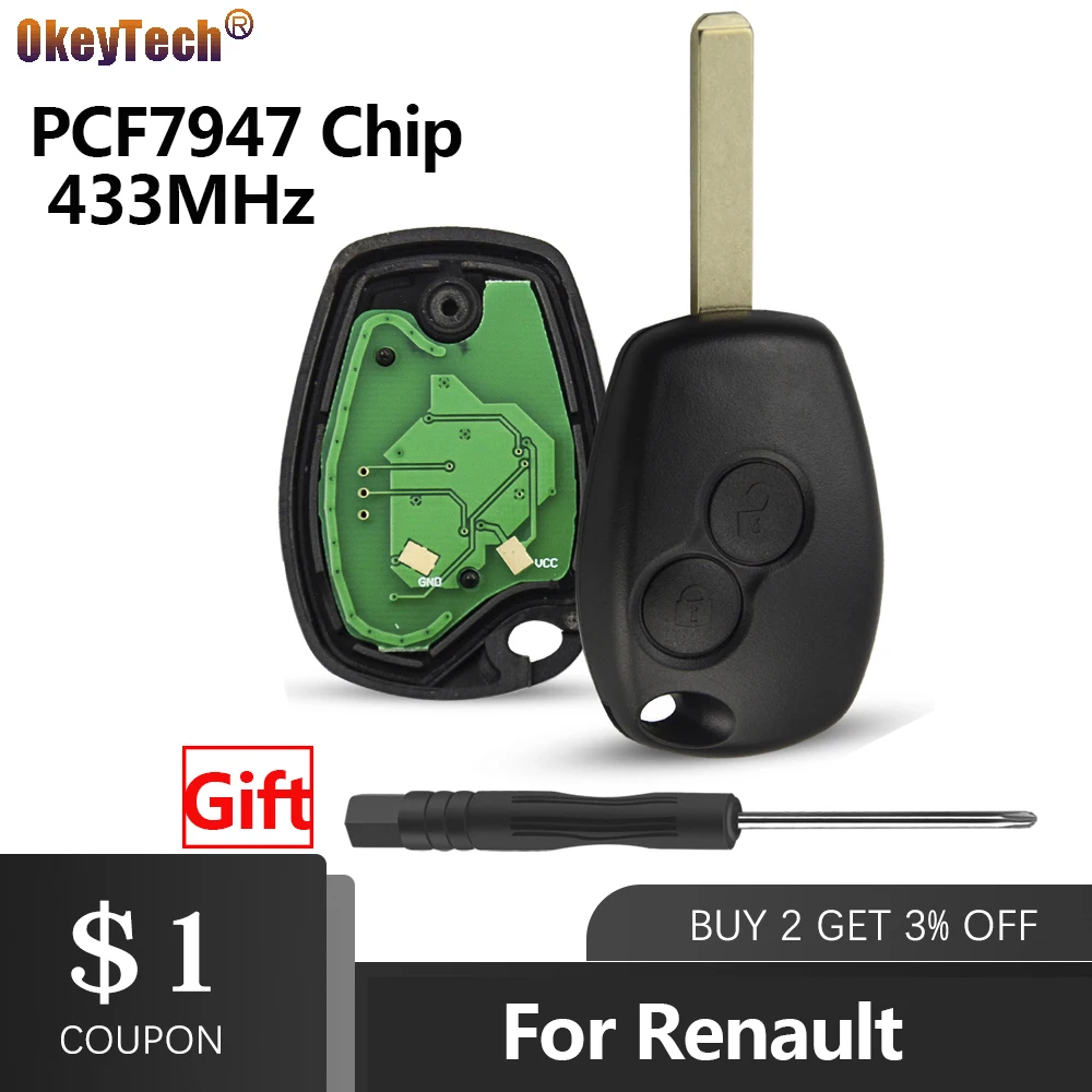 Чехол для ключа OkeyTech с 2 кнопками Renault Duster Modus Clio 3 Twingo DACIA Logan Sandero 433 МГц ID46 PCF7947