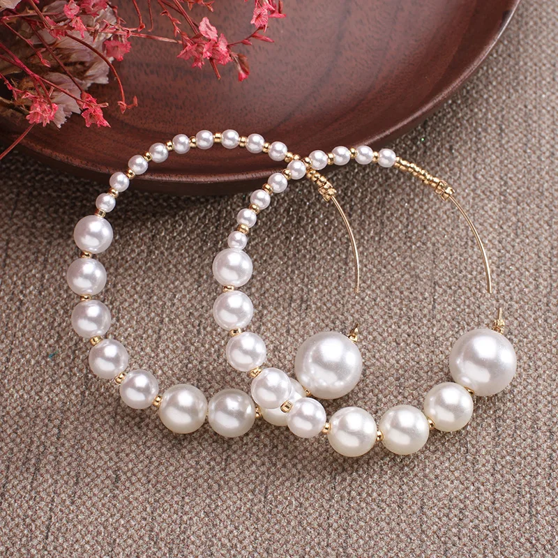 New Simple Big Pearl Earrings Ring Gold Metal Pearl Round Earrings Fashion Circle Statement Earrings for Women Party Jewelry - Image 4