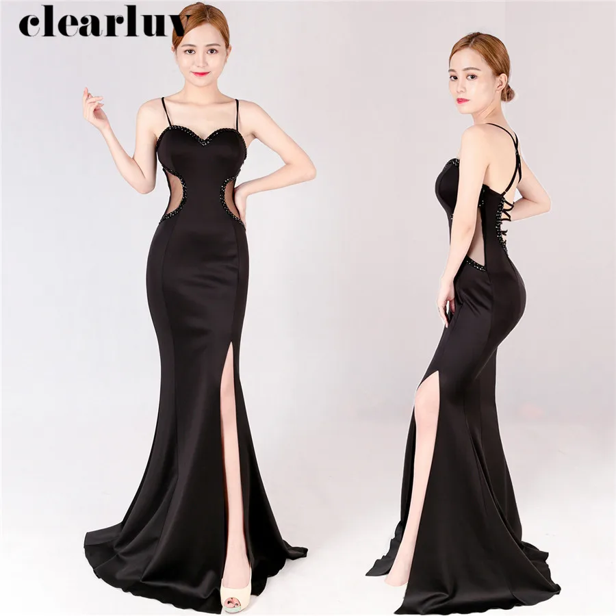 

Evening Dress Black Crystal Sling Formal Dress DX356-3 Elegant Plus Size Long Prom Gowns Sleeveless Backless Split Mermaid Gown
