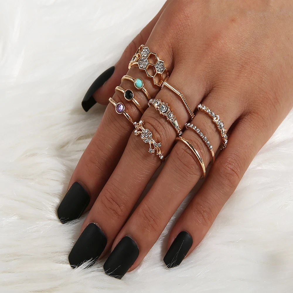 10 Pcs/set Women Fashion Gold Color Colorful Crystal Ring Exquisite