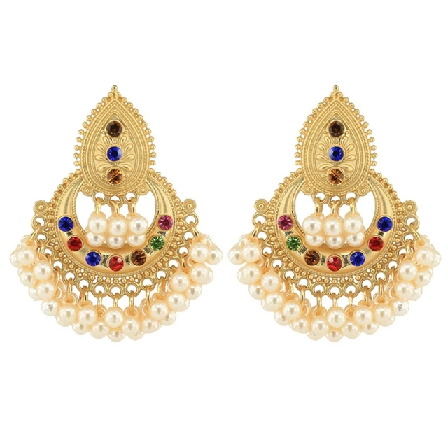 Bollywood Ethnic Bridal Bride Kundan Earrings Peacock Pearls Jhumka Jhumki Indian Bahubali Drop Earrings Fashion Jewelry C
