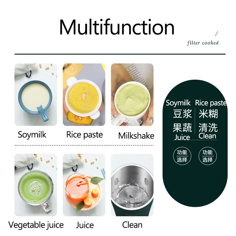 350ml Soymilk Maker Machine Electric Juicer Blender Heatable Soya-Bean Milk Rice Paste Maker Free-filter Automatic Clean 220V