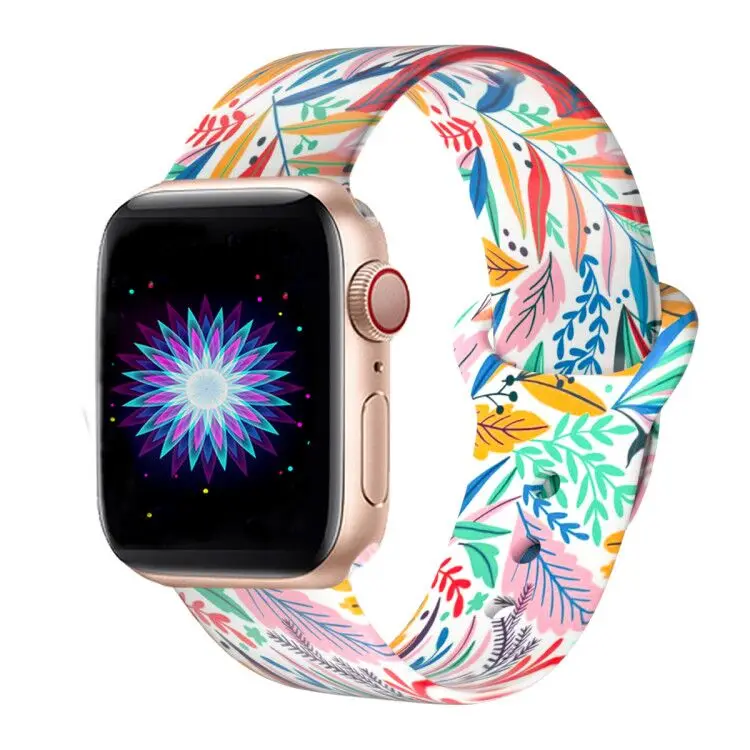 Двусторонний силиконовый ремешок с принтом для Apple Watch 38 мм 42 мм 40 мм 44 мм резиновый спортивный ремешок для iwatch серии 5 4 3 2 1 браслет - Цвет ремешка: Colorful leaves