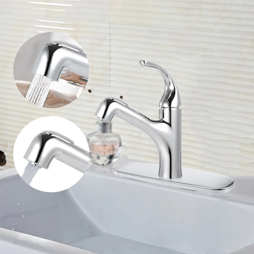 

Hot New Bathroom Basin Single-Hole Single-Handle Sink Faucet w/ Pull Out Rinser Sprayer Gargle Brushing 2 Mode Mixer Tap Bathtub