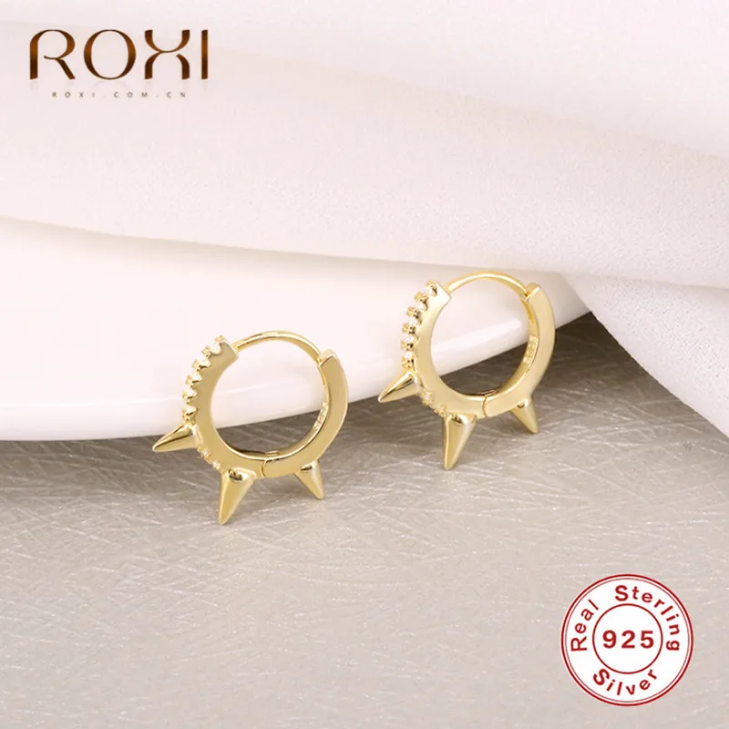 ROXI, 925 пробы, серебряные, в стиле панк, с заклепками, маленькие открытые серьги-кольца, кубический цирконий, серьги с шипами для женщин, модные ювелирные изделия, подарки