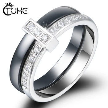 

Fashion 2 Layers Black White Ceramic Crystal Wedding Rings For Women Wedding Jewelry Stainless Steel Rhinestone Engagement Gifts