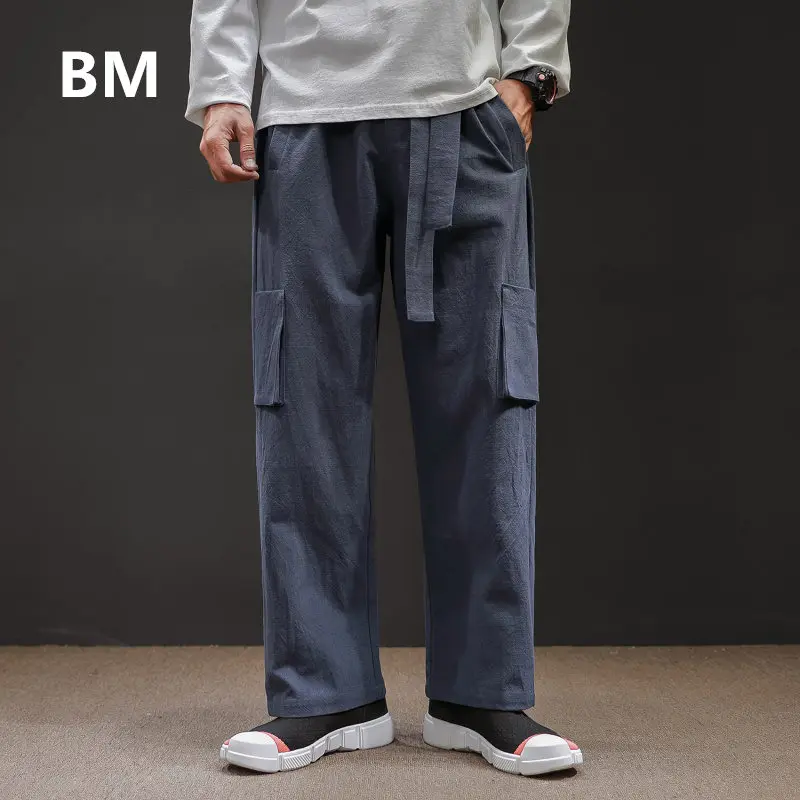 

Chinese Style Lace Up Cotton Linen Casual Straight Pants 2020 Japanese Harajuku Loose Plus Size Cargo Trousers Men Clothing
