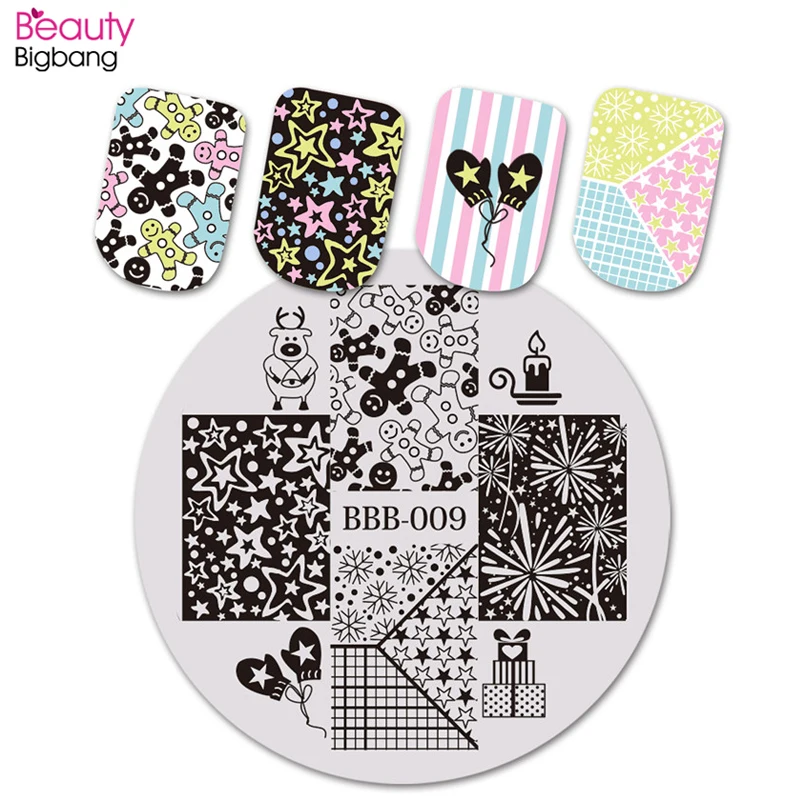 

BeautyBigBang 5cm Round Nail Stamping Plates Christmas Snowflake Star Image Plate For Nail Art Template Stencil For Nail BBB-009