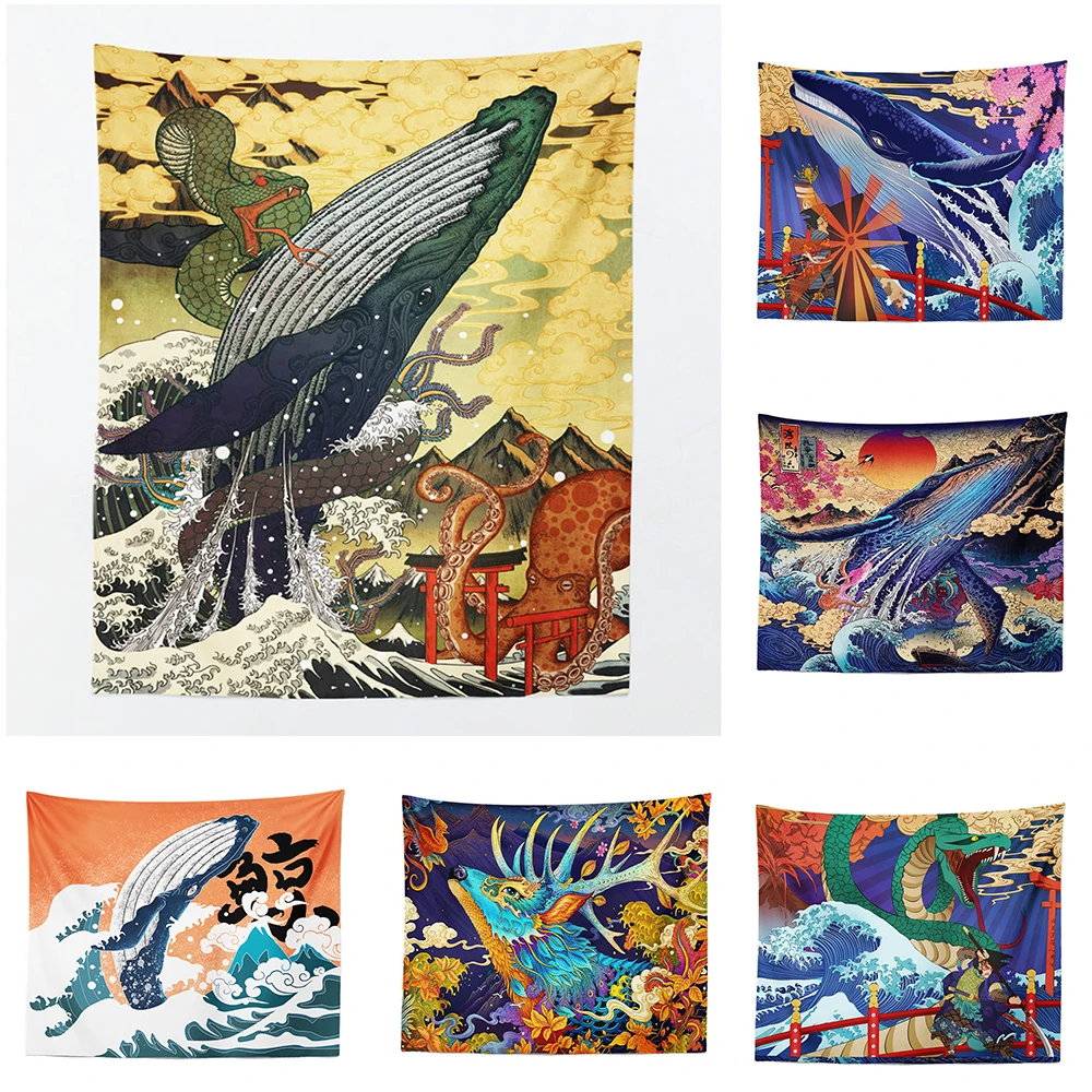 

Japanese Kanagawa Waves Printed Hanging Tapestry Whale Arowana Deer Snake Totem Wall Hanging Tapestries Boho Bedspread Blanket 5