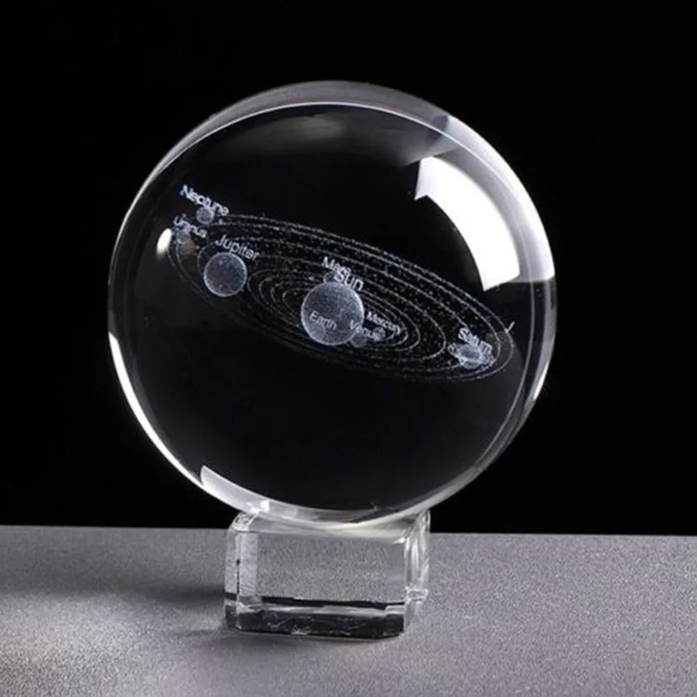 6cm Photo Props Miniature Crystal Ball Home Gift Planets Model Craft Clear Desktop Engraved Solar System With Base Sphere 3D