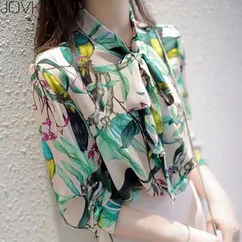 

Runway Fashion Blouse 2020 Autumn Winter Elegant Bow Collar Long Sleeves Floral Print Silk Women Popular Shirt