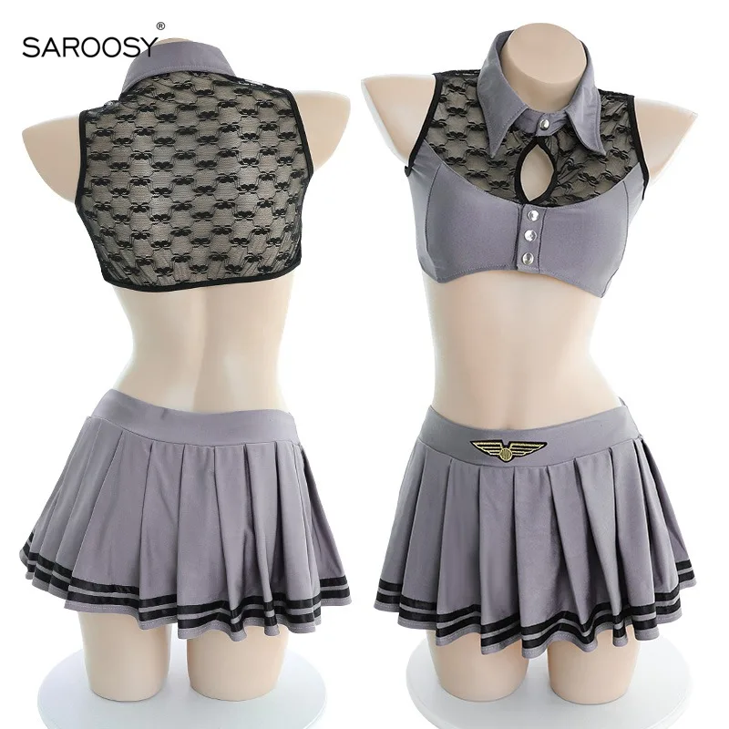 SAROOSY, костюмы на Хэллоуин для женщин, сексуальный костюм стюардессы для косплея, мини-юбка, низкая грудь, полый топ, нижнее белье, новинка