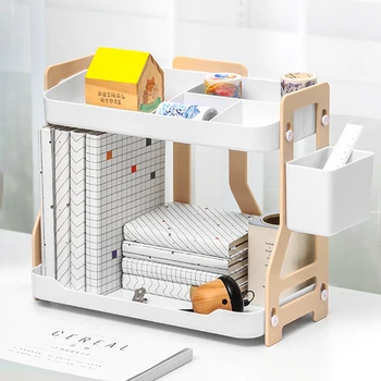 

Multifunction Double Layers Stationery Organizer Bookshelf With Pen Holder Desk Storage Rack Box Student Home Office Supplies