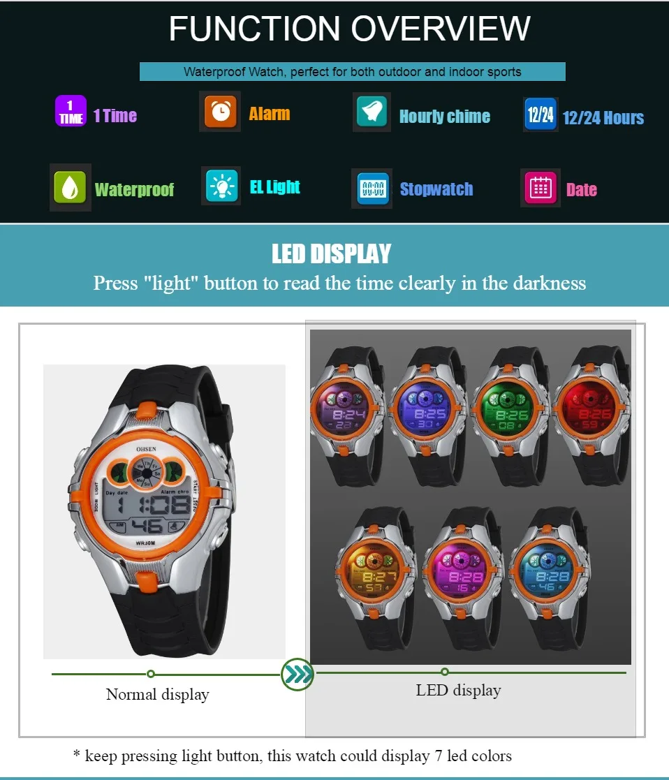 OHSEN Новая цифровая мальчиков детские спортивные часы будильник Дата День Хронограф 7 цветов светодио дный подсветкой 3ATM водонепроницаемые