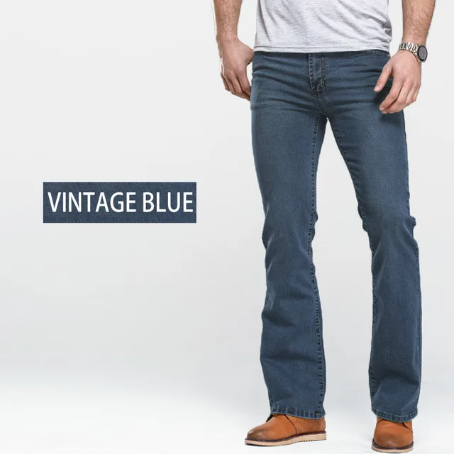 Mens Boot Cut Jeans Slightly Flared Slim Fit Blue Black Trousers Designer Classic Male Stretch Denim