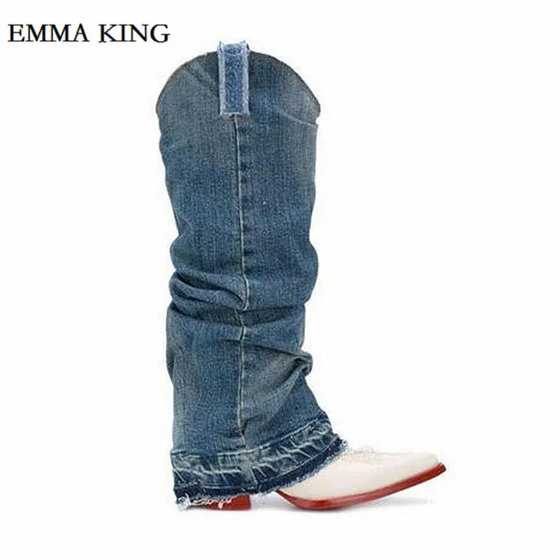 Emma king/женские ковбойские сапоги в западном стиле; осенне-зимние женские джинсовые сапоги до середины икры на высоком массивном каблуке; Bottine; рыцарские высокие сапоги