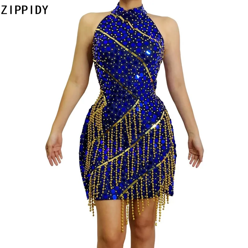 Sparkly Blue Gold Sequin Short Dress 