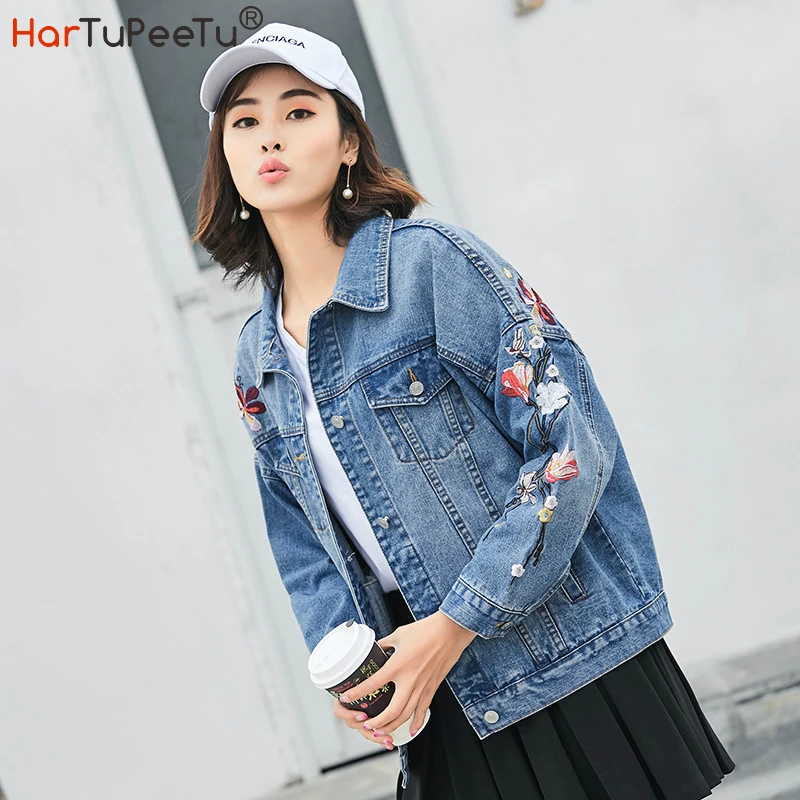 

Korean Style Jeans Coat Women Autumn 2020 Denim Jacket Oversize XL Embroidery Flower Slim Fit Pockets Buttons Outwear