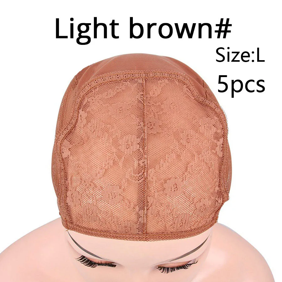 Черный коричневый топ стрейч швейцарские кружева Регулируемые парики, шапочки ткацкие сетки для изготовления париков для женщин девочек XL/L/M/S 5 шт./партия - Цвет: L LightBrown 5Pcs