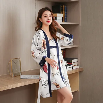

Women Silk Robe Gown Set Sexy 2 Pieces Lounge Set Satin Print Flower Sleepwear Robe Ladies Nightwear Solid Nightdress