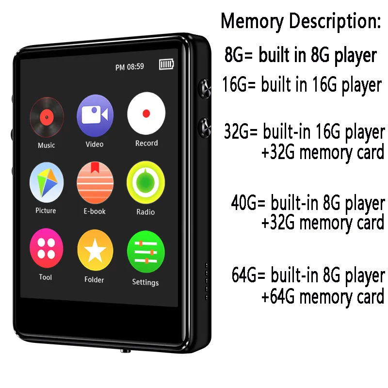 Bluetooth 5.0 MP4 Player 8G 16G 32G 64G 2.4 inch Full Touch Screen FM Radio Recording E-book Music Video Player Built-in Speaker
