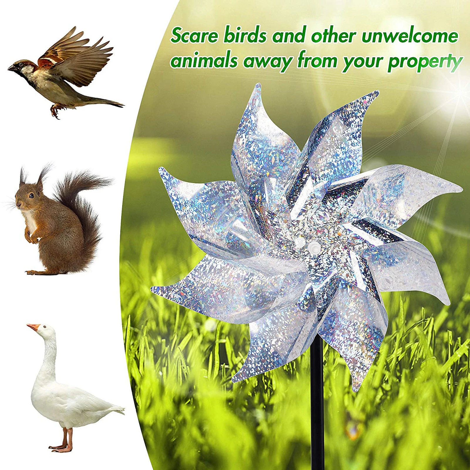 Sparkly Reflective Pinwheels With Stakes 2pcs Bird Windmill Silver