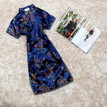 

Navy Blue China Traditional Formal Dress Short Sleeve Cheongsam Elegant Chinese Style Qipao Sexy Women Vestidos Evening Gown