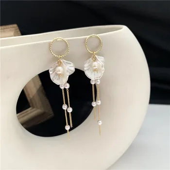 

Temperament contracted pearl petals long tassel earrings super sweet fairy maiden shell earring ornaments