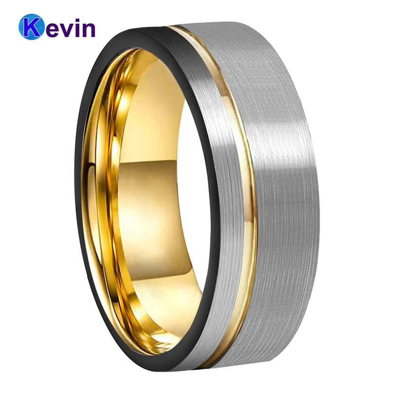 Gold Wedding Band Tungsten Carbide Jewelry Ring With Black Sides And Offset Groove 8MM Comfort Fit | Украшения и аксессуары