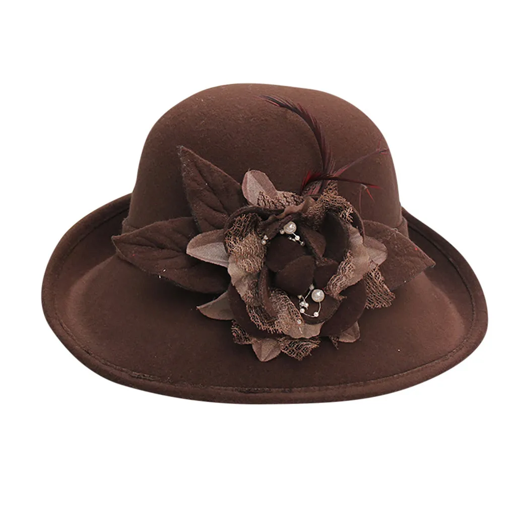 Элегантная модная женская однотонная шерстяная шляпа Sombrero с перьями, цветами, жемчугом, для торжественных случаев